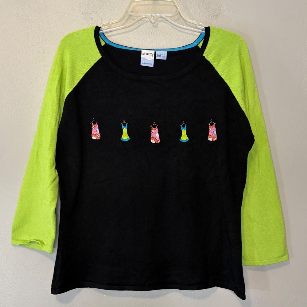 Whimsy by Sydney Easton Raglan Sweater Womens XL Black Lime Green Embroidered 90